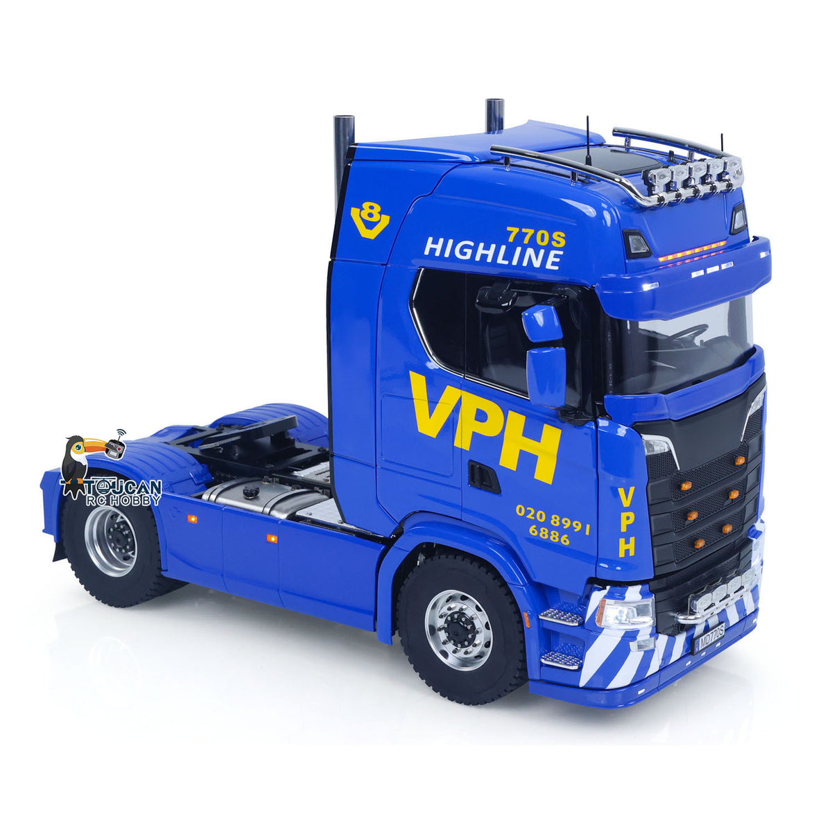 MD 1/14 RC 4x4 Tractor Truck 770S Blue VPH Right Oblique View, Functional Cab Suspension Hobby Scale Model