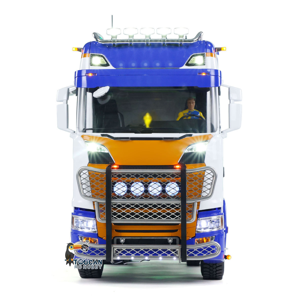 MD 1/14 RC 6x6 Tractor Truck 770S Blue White Orange Front View, Simulated Front Bumper & Auxiliary Spotlights