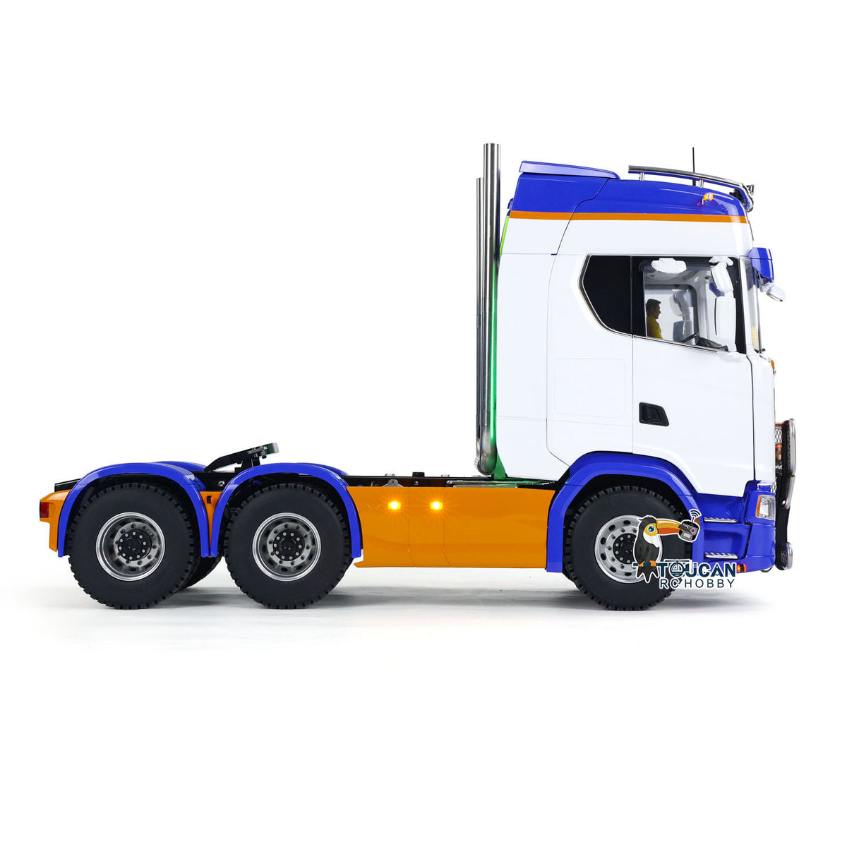MD 1/14 RC 6x6 Tractor Truck 770S Blue White Orange Side Profile, Openable Cab Door, Scale RC Hobby Truck Model