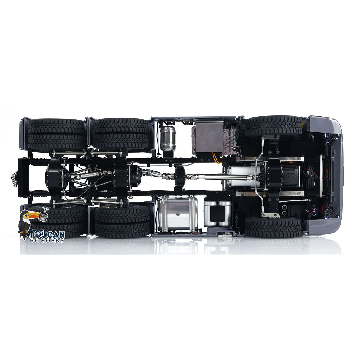 MD 1/14 RC 6x6 Tractor Truck 770S Grey Bottom Chassis Overhead View, 6x6 Metal Chassis With Differential Lock