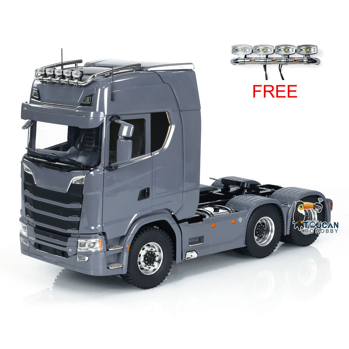 MD 1/14 RC 6x6 Tractor Truck 770S Grey Front 45°, Functional Multi-mode Lighting System