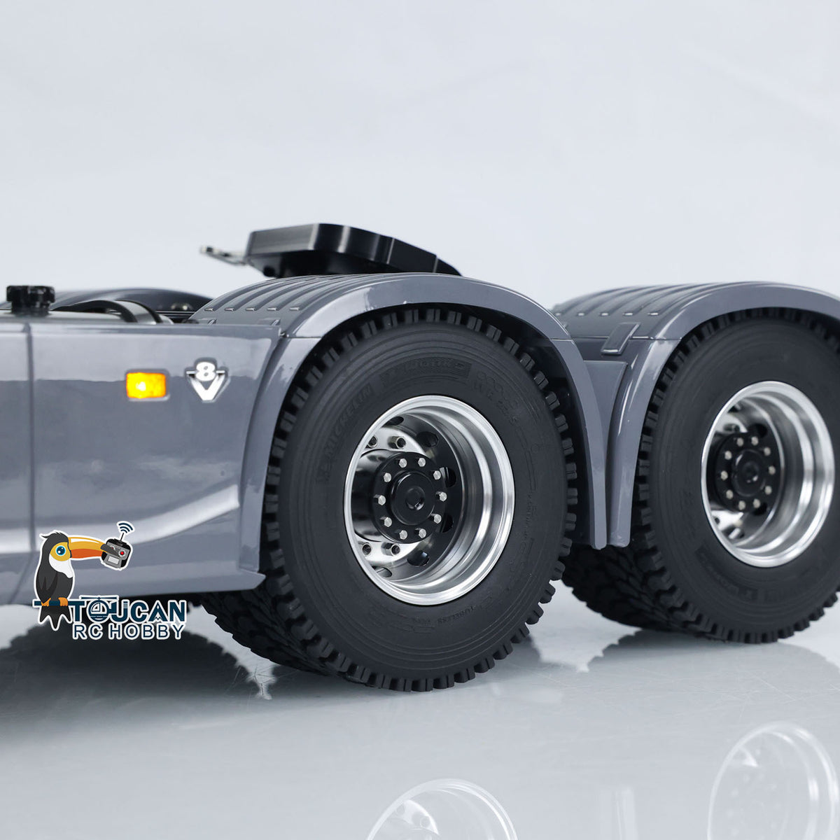 MD 1/14 RC 6x6 Tractor Truck 770S Grey Side Wheel Close-Up, Simulation Rubber Tire & Metal Hub