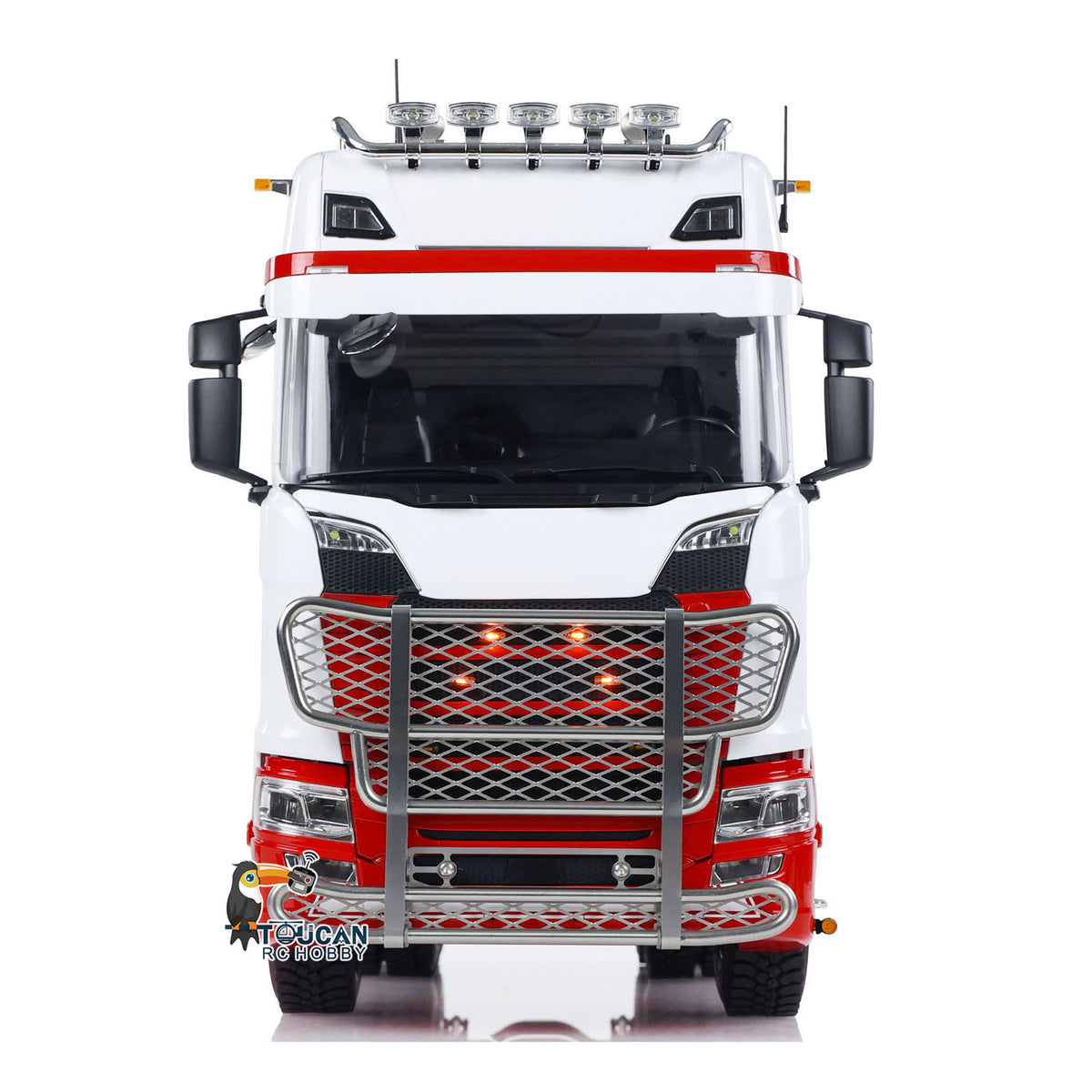MD 1/14 RC 6x6 Tractor Truck 770S White Red Front View, Full Functional Multi-mode LED Lighting System