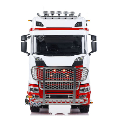 MD 1/14 RC 6x6 Tractor Truck 770S White Red Front View, Full Functional Multi-mode LED Lighting System