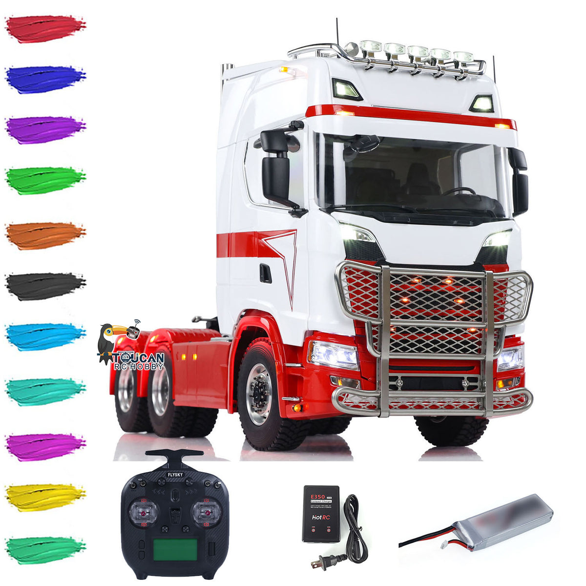 MD 1/14 RC 6x6 Tractor Truck 770S White Red, Metal Chassis, CNC Metal Axles Diff Lock, Smoke Unit, Light & Sound, ST8 Transmitter, Battery & Charger RTR