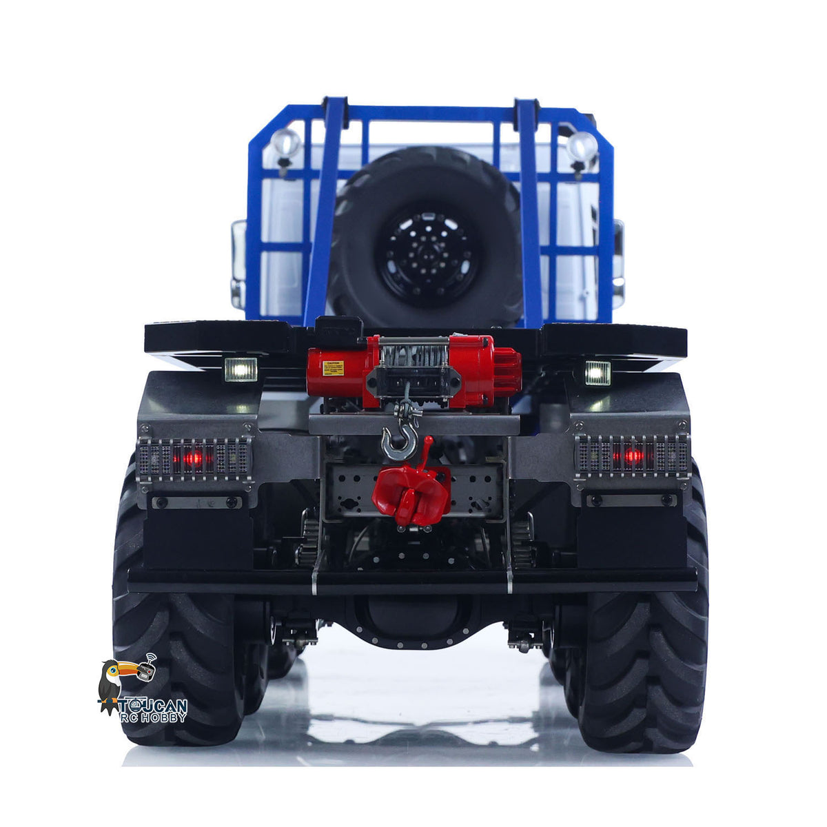 MD 1/14 RC 8X8 Flatbed Truck Blue White Straight Rear View, Rear Axle & Mechanical Detail