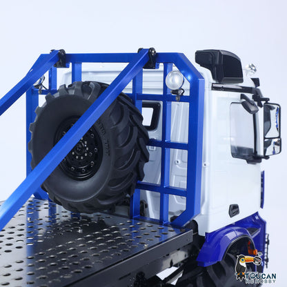 MD 1/14 RC 8X8 Flatbed Truck Spare Tire Bracket Closeup, Blue Roll Frame & Flat Deck