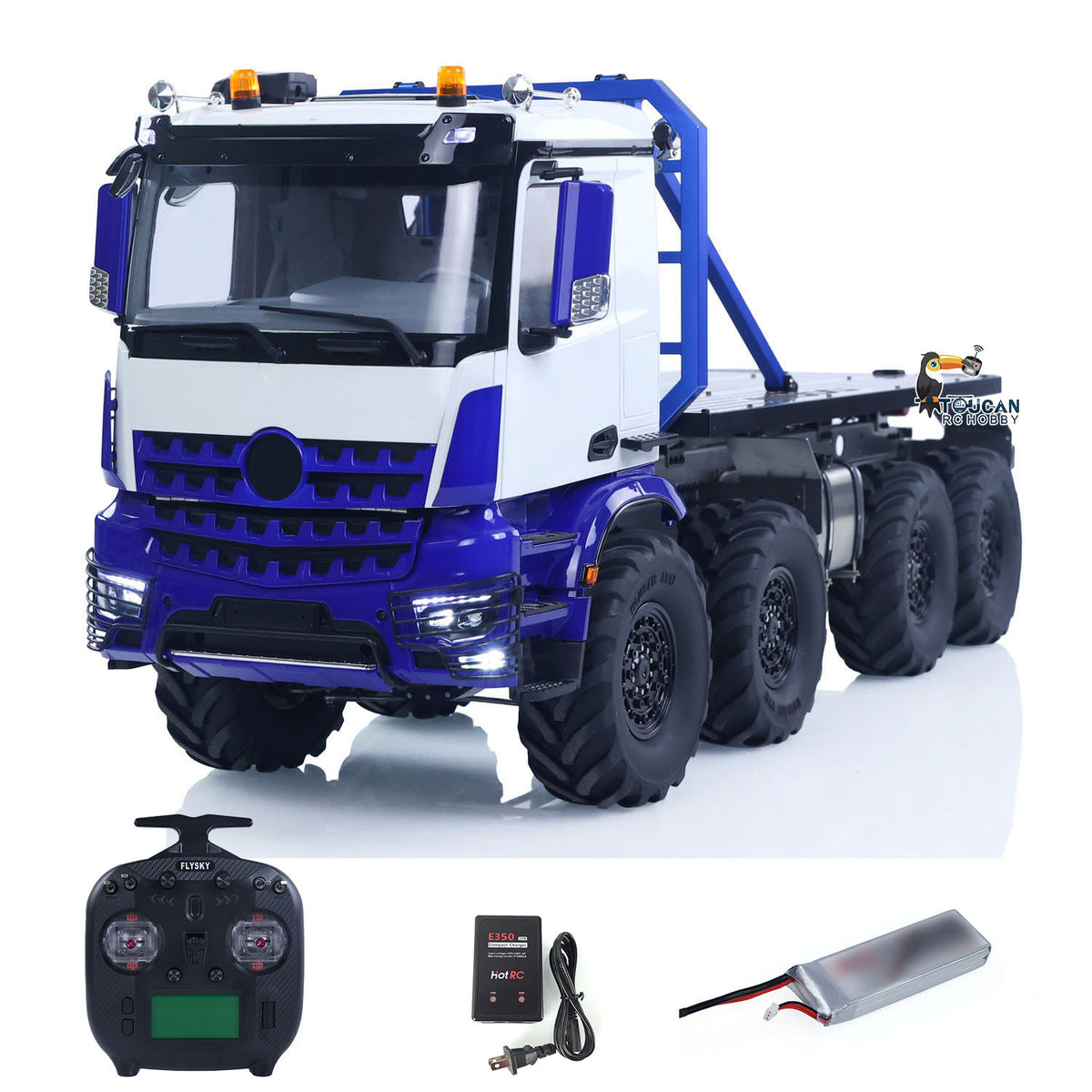 MD 1/14 RC 8X8 Offroad Flatbed Truck Blue White, Full Metal Chassis, Axle Differential Locks, ST8 Remote, Light & Sound, Battery Charger Included