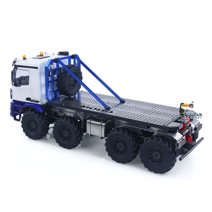 MD 1/14 RC 8X8 Flatbed Crawler Truck Blue White Rear Side View, Heavy Duty Offroad Tire Assembly
