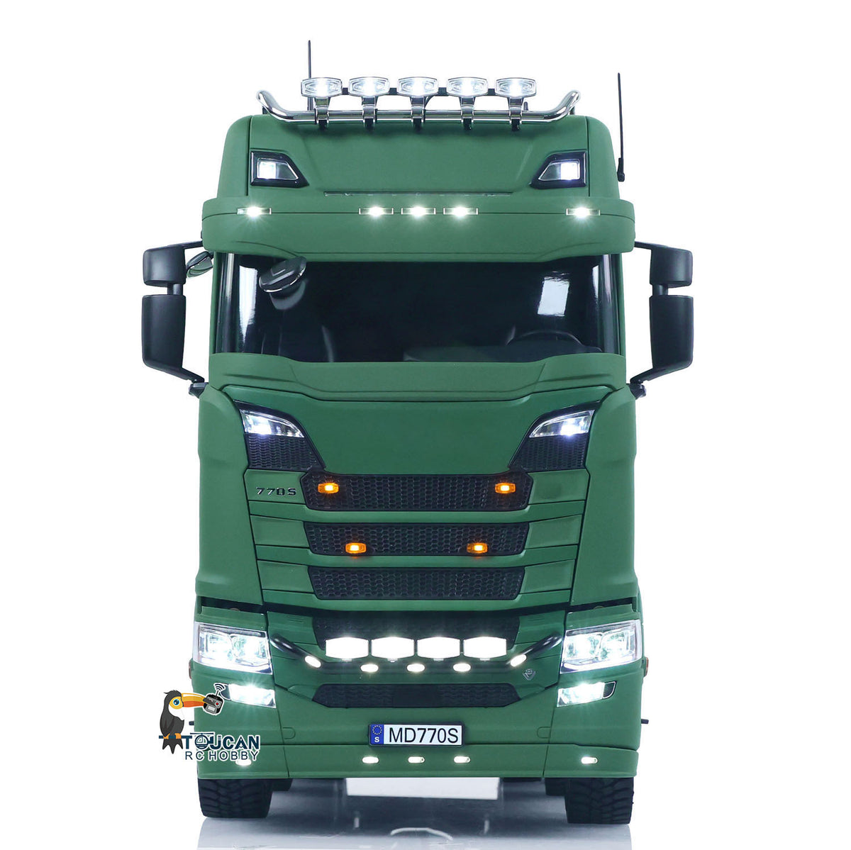 MD 1/14 RC 8x8 Metal Tractor Truck Matte Green Front View,Flowing Water Light Effect Simulation Cab