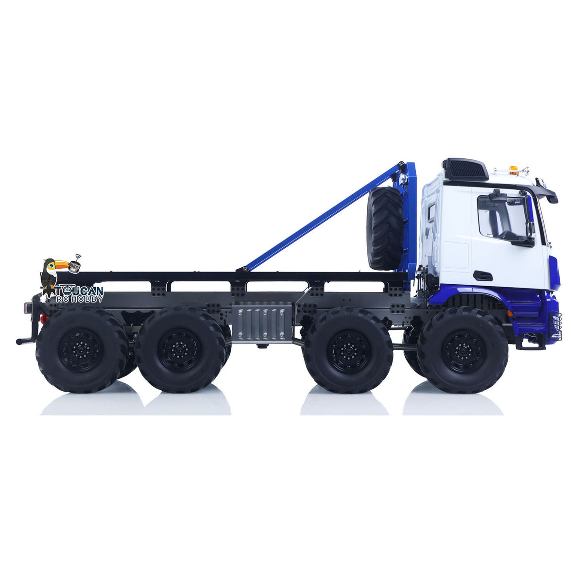 MD 1/14 RC 8X8 Crawler Flatbed Truck Blue White Full Side View, Full Metal Axles With Differential Locks