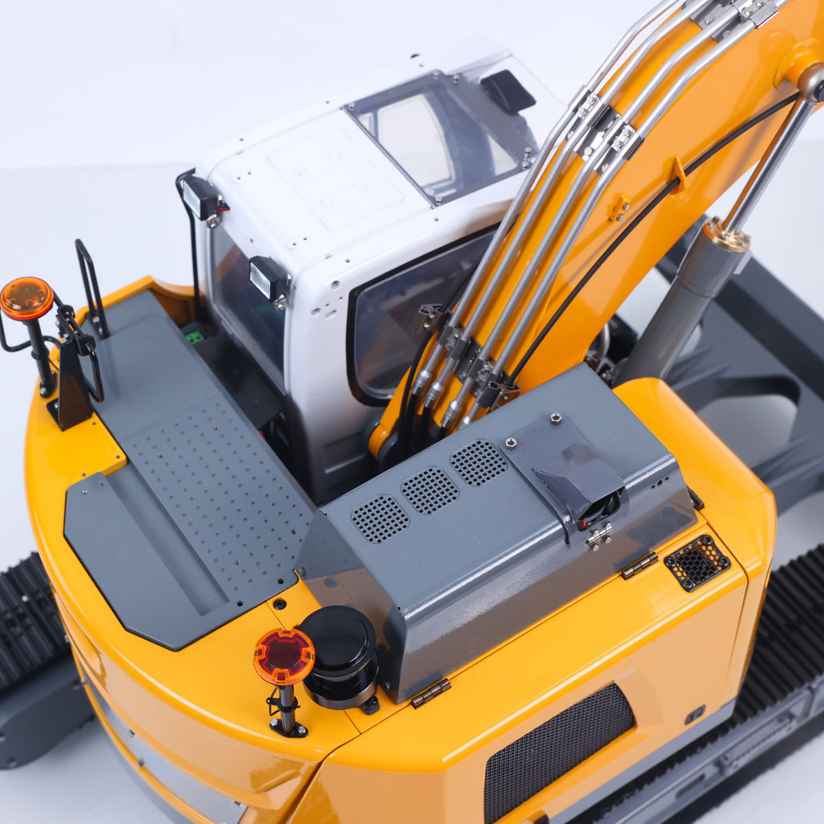 MD 1/14 RC Hydraulic Excavator LR926 Cab Overhead Closeup, Openable Cab Door, Electronic Display & Pressure Gauges
