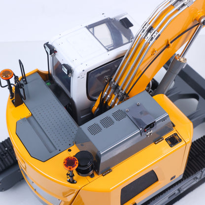 MD 1/14 RC Hydraulic Excavator LR926 Cab Overhead Closeup, Openable Cab Door, Electronic Display & Pressure Gauges