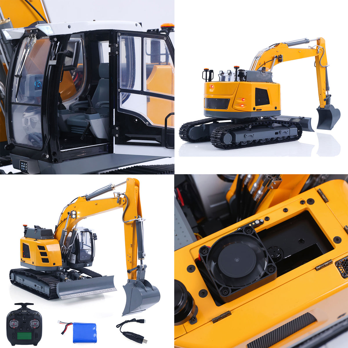 MD 1/14 RC Excavator LR926 Detail Collage, All Metal Undercarriage, Hydraulic Rotary Joint