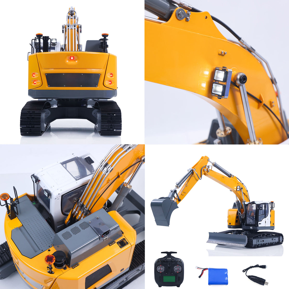 MD 1/14 RC Metal Track Excavator LR926 Rear Full View, Factory Painted Yellow White Body, RC Engineering Vehicle
