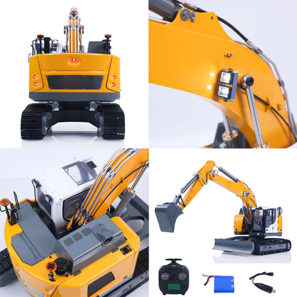 MD 1/14 RC Metal Track Excavator LR926 Rear Full View, Factory Painted Yellow White Body, RC Engineering Vehicle