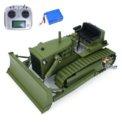 MD D7 1/14 metal hydraulic RC bulldozer green front left view with radio and battery