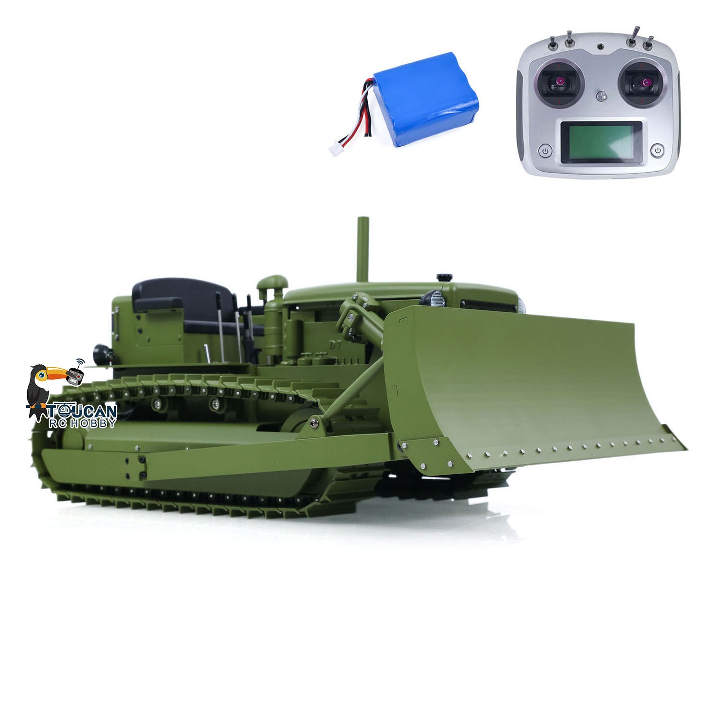 MD D7 1/14 metal hydraulic RC bulldozer green front right view with radio and battery