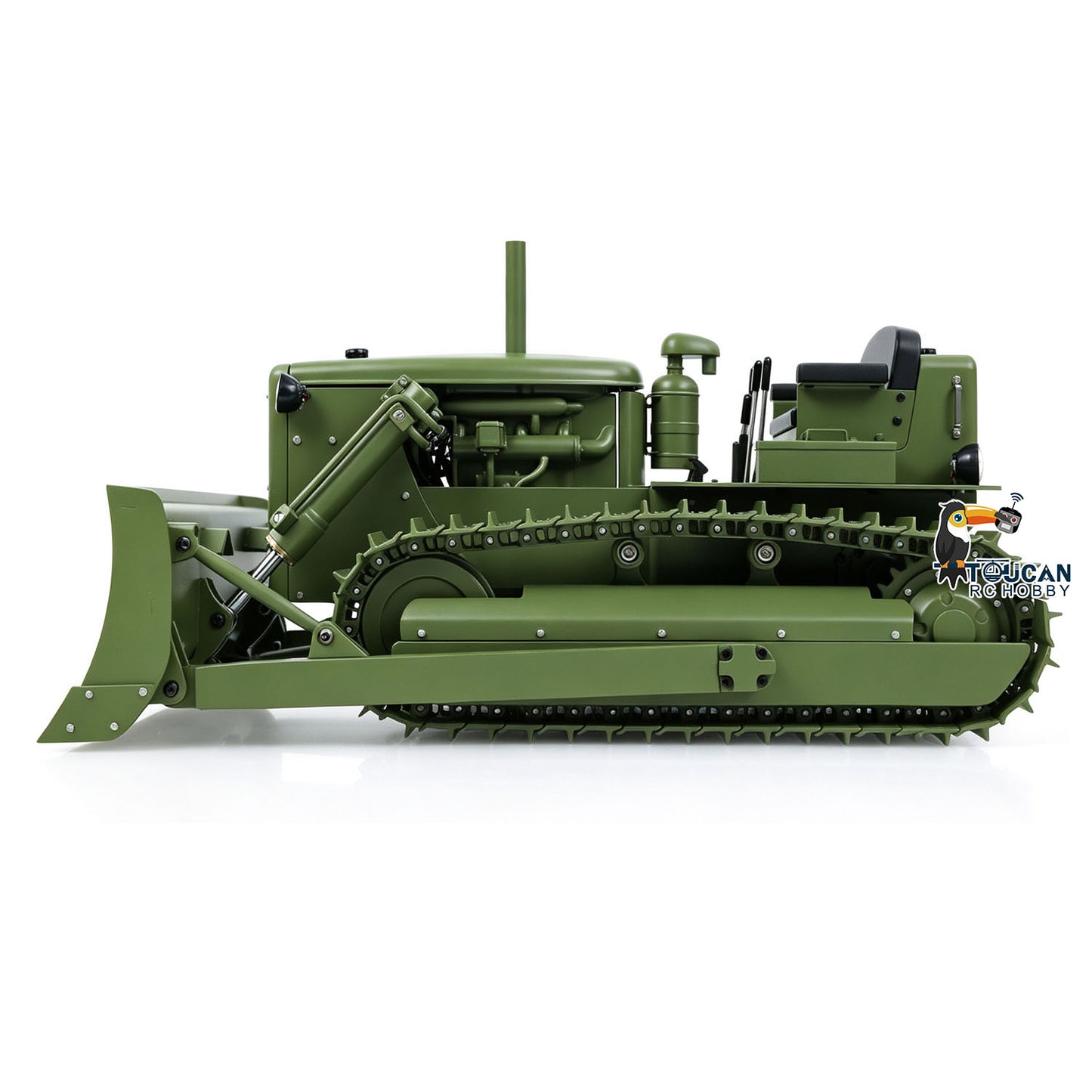 MD D7 1/14 metal hydraulic RC bulldozer green side view with radio and battery