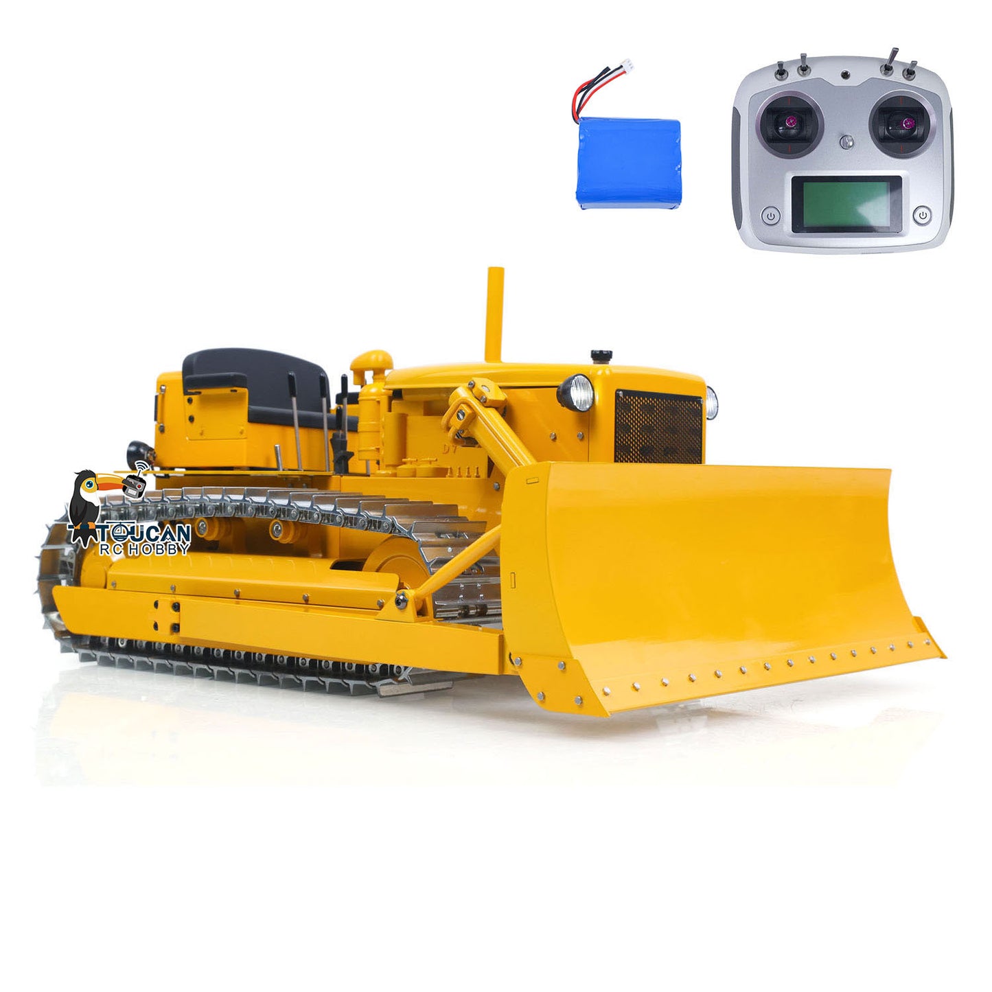 MD D7 1/14 metal hydraulic RC bulldozer yellow front angle with radio and battery