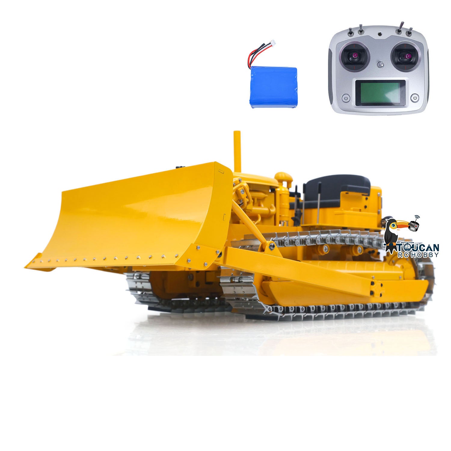 MD D7 1/14 metal hydraulic RC bulldozer yellow front left view with radio and battery
