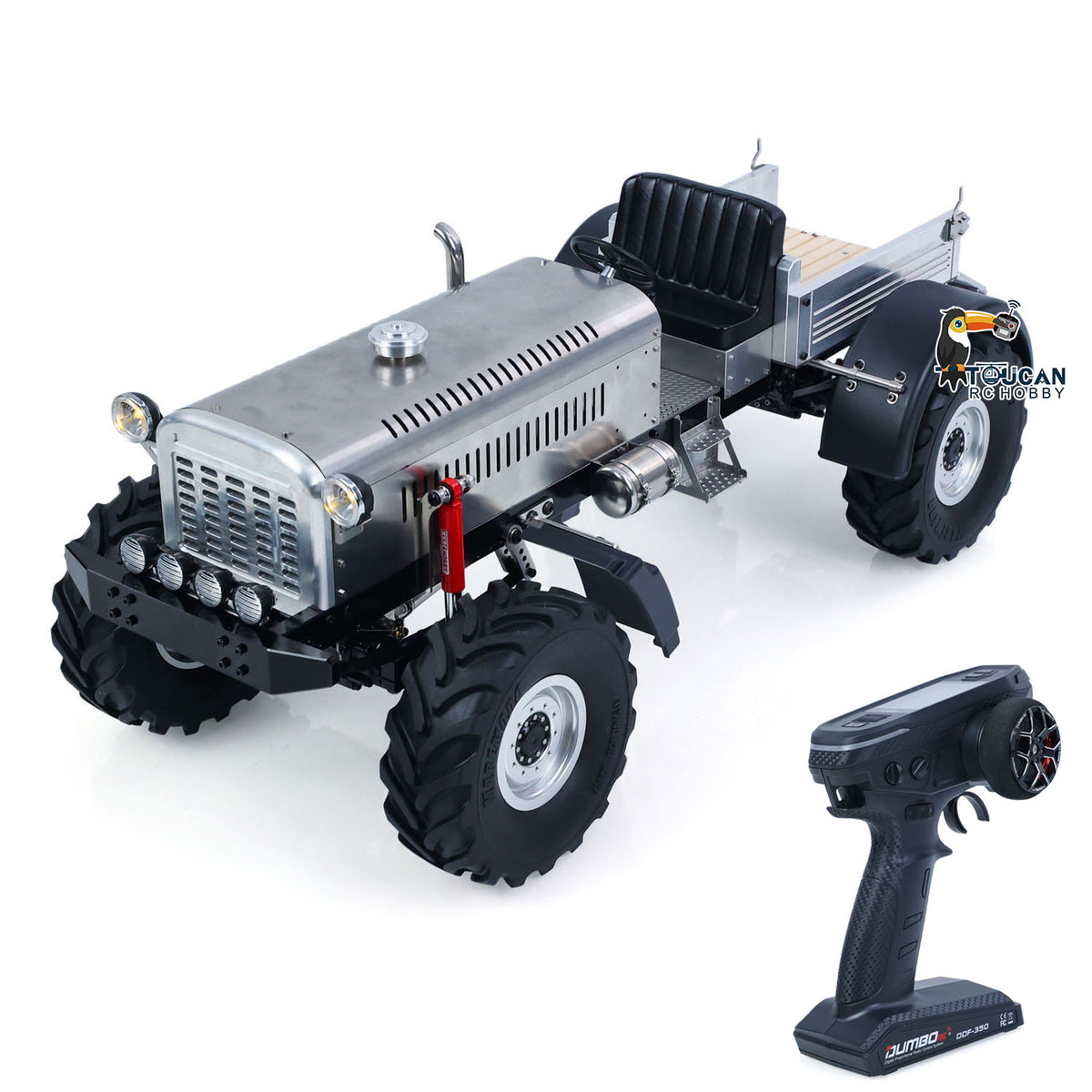 MD MD009 1/10 RC 4X4 Metal Tractor Truck, Silver Metal Color, Factory Assembled, 2-Speed Gearbox, Axle Differential Lock, Feiyue Transmitter, KKRC Metal Dual-Motor Winch, Steering Wheel Linkage Steering, Battery & Charger Not Included