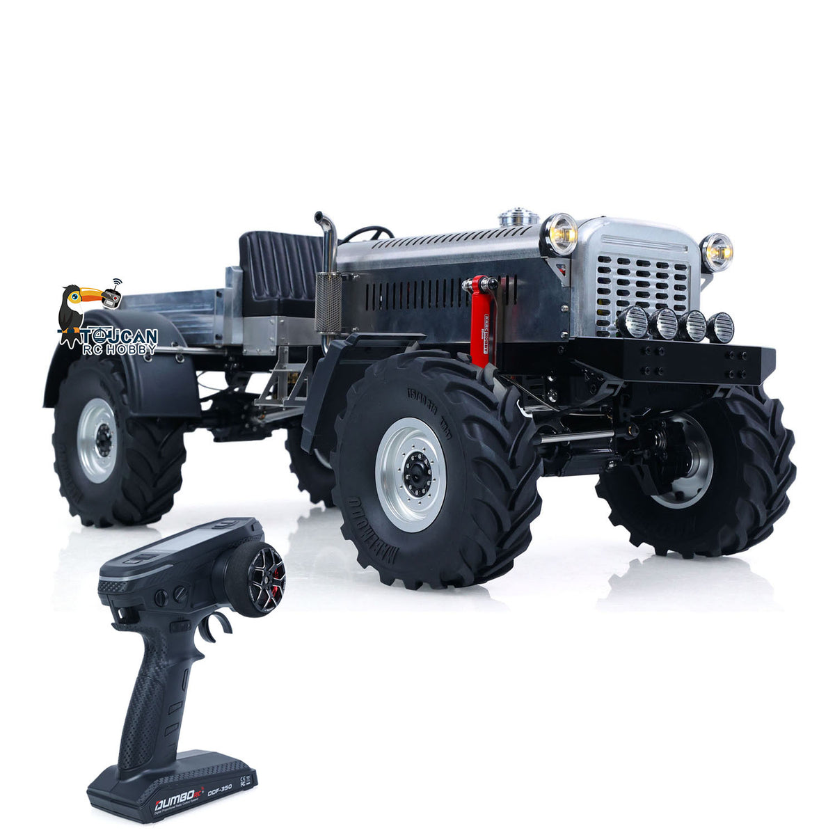 MD MD009 1/10 RC 4X4 Metal Tractor Truck Silver Right Front Oblique View, With Remote Controller, Heavy-Duty Off-Road Tires