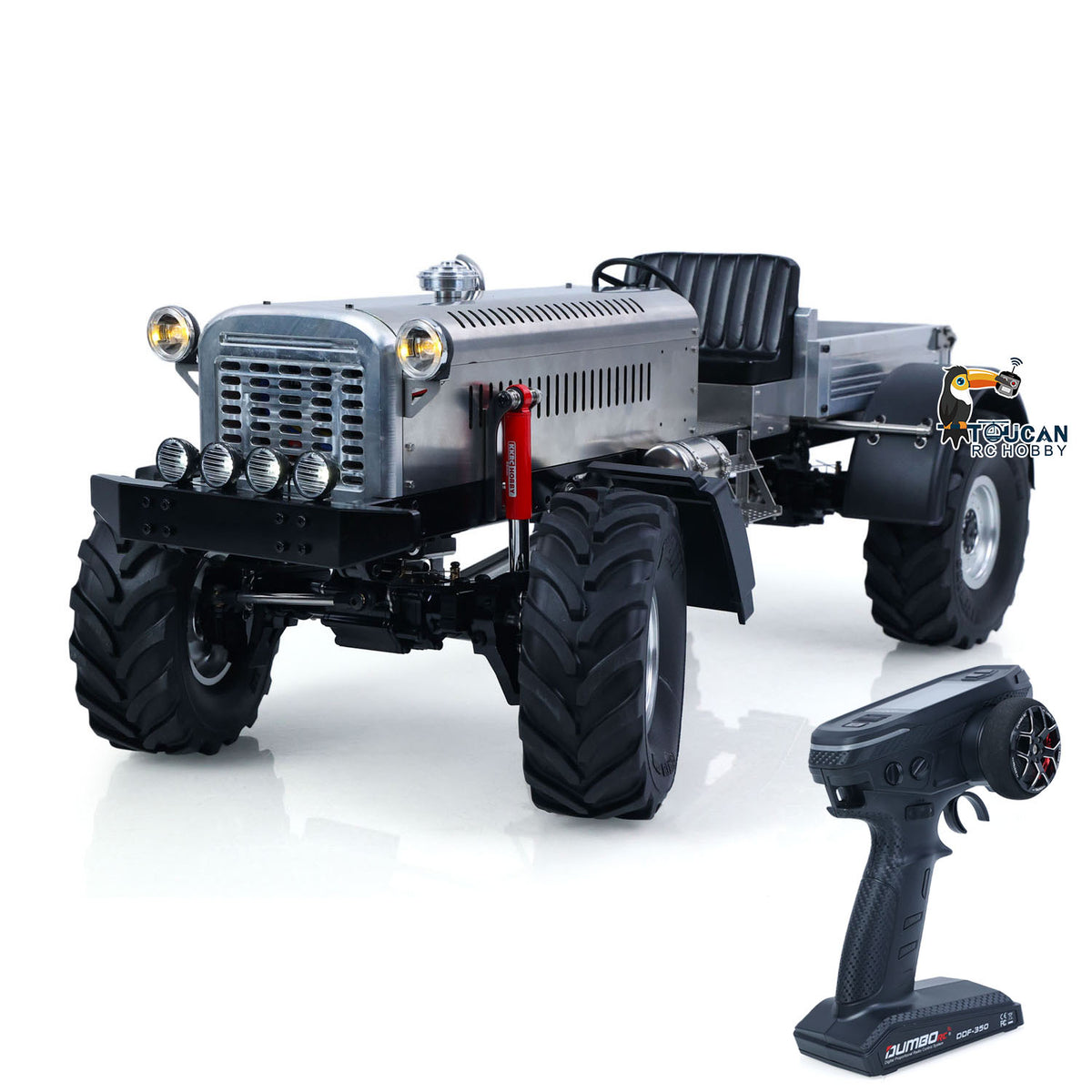 MD MD009 1/10 RC 4X4 Metal Tractor Truck Silver Straight Front View, With Remote Controller, Integrated Headlight System