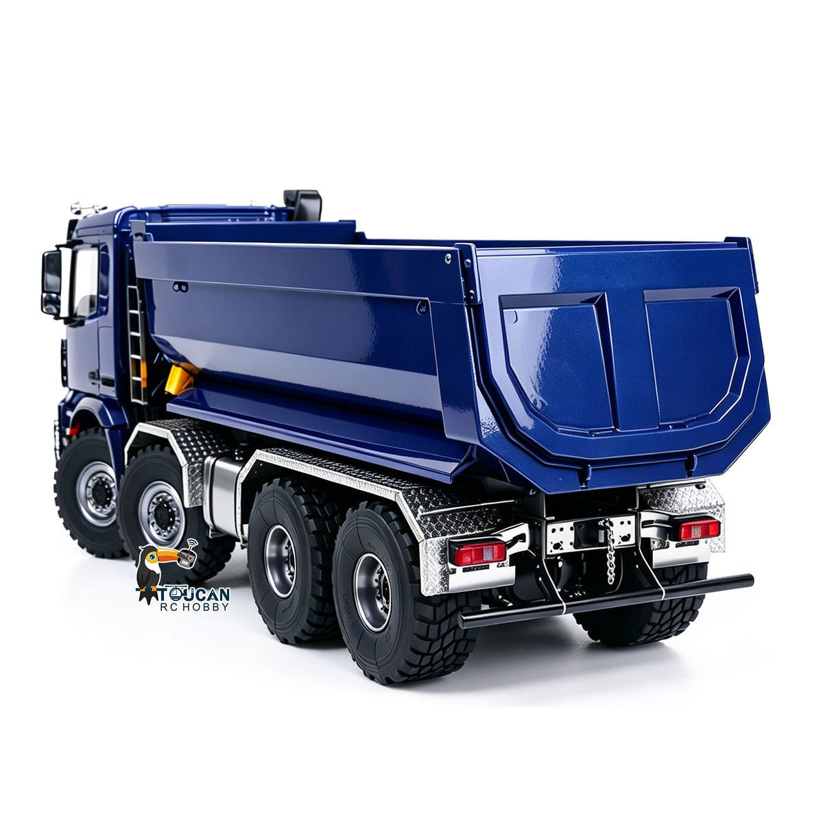 MD 1/14 RC BZ 8x8 Hydraulic Dump Truck 3348 Blue Rear‑Oblique View, Wide Rear Tires, All‑Metal Axles With Differential Lock Function
