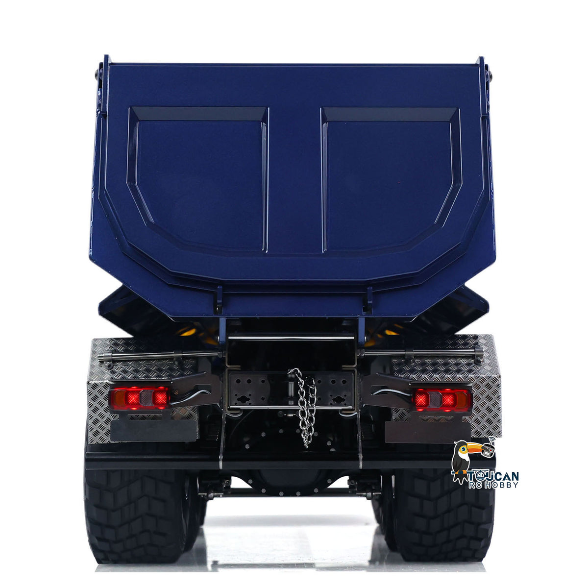 MD 1/14 RC BZ 8x8 Hydraulic Dump Truck 3348 Blue Straight Rear View, Tail Lamp Assembly, Heavy‑Duty Wide Rear Tire Set