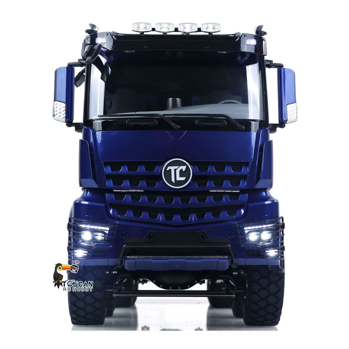 MD 1/14 RC BZ 8x8 Dump Truck 3348 Blue Cab Front View, Illuminated Headlights, Realistic Light System, Metal Chassis Structure