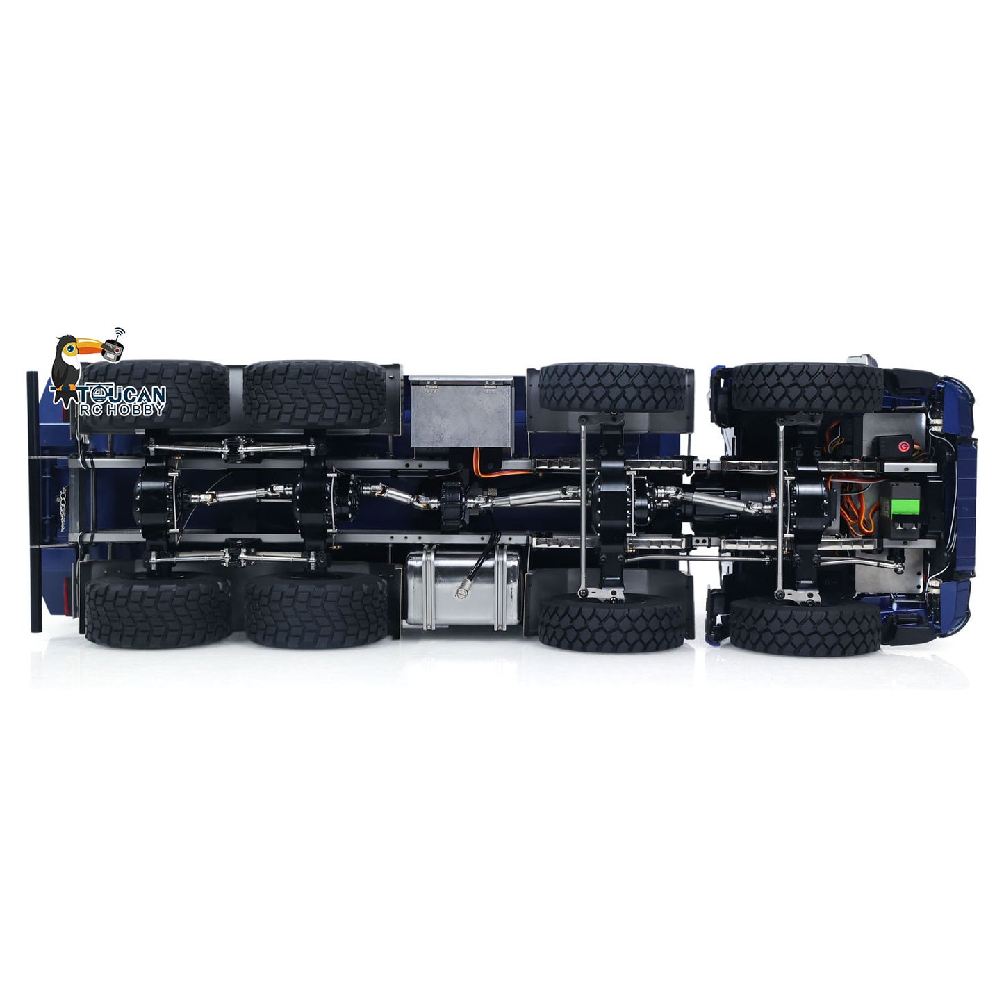 MD 1/14 RC BZ 8x8 Dump Truck 3348 Top‑Down Under‑Chassis View, Full 8x8 Drivetrain, 2‑Speed Transmission And Differential Lock Structure, Battery And Charger Not Included