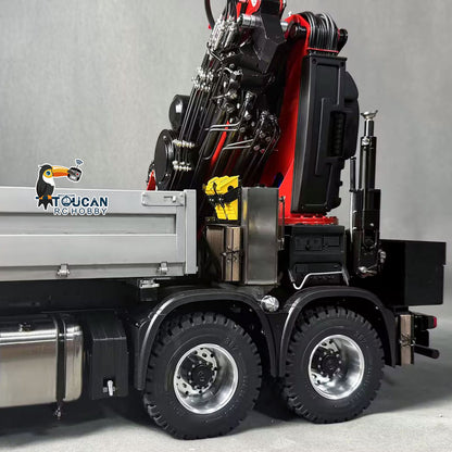 1/14 Metal 8X8 RC Hydraulic Crane Truck Remote Control Lorry with Extension Jib Electric Winch Removable Cargo Bed 3 Speed Diff Lock