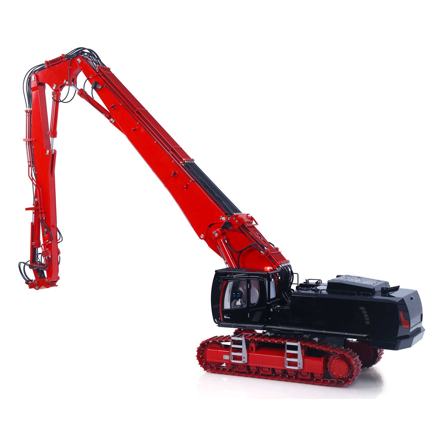 1/14 remote control hydraulic excavator CUT-1 red alloy model rear view with tracks and boom