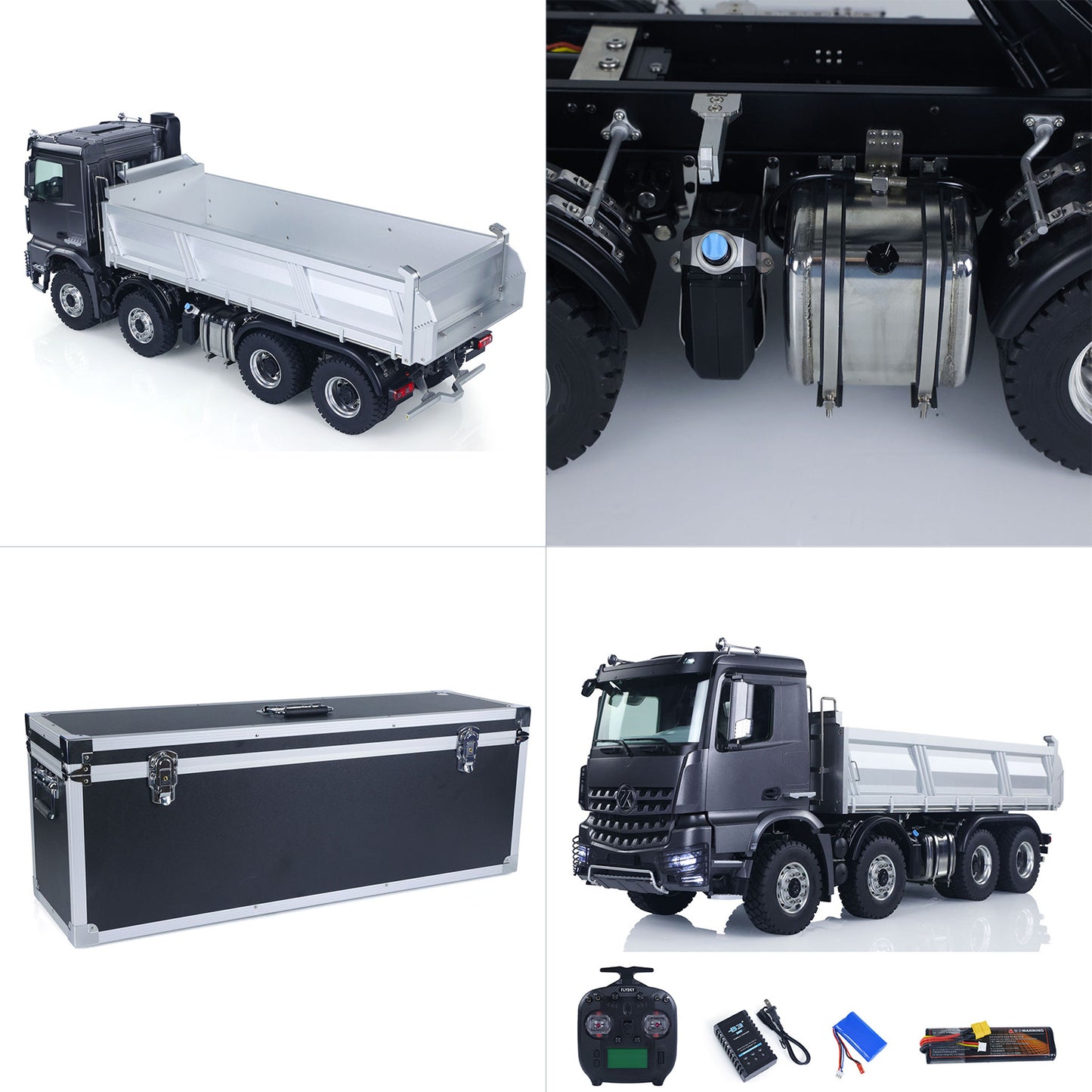 RC dump truck K3367 hydraulic U-bucket fully raised at 49 degree angle action