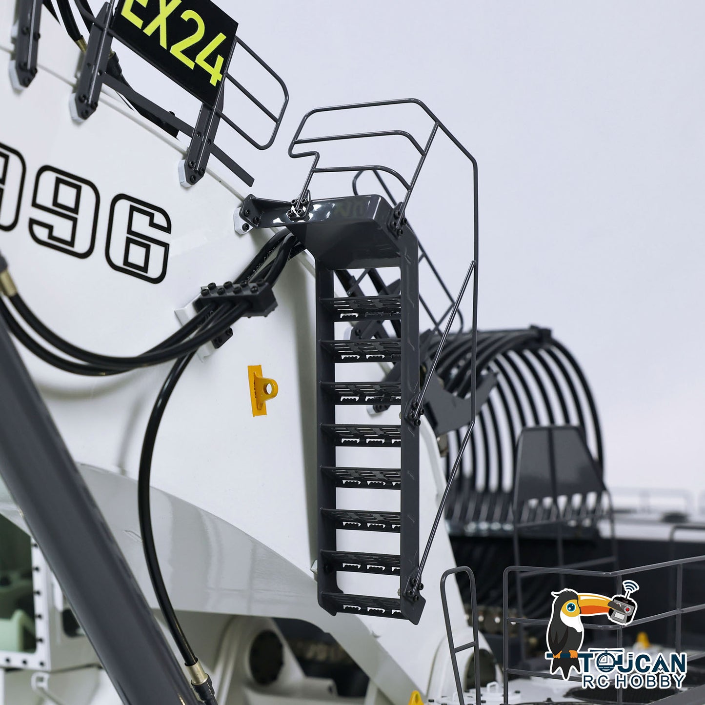 SFROG 996 1/20 RC All‑Metal Excavator Boom Base & Cab Side Close‑Up, Hydraulic Hose Routing Mechanical Details