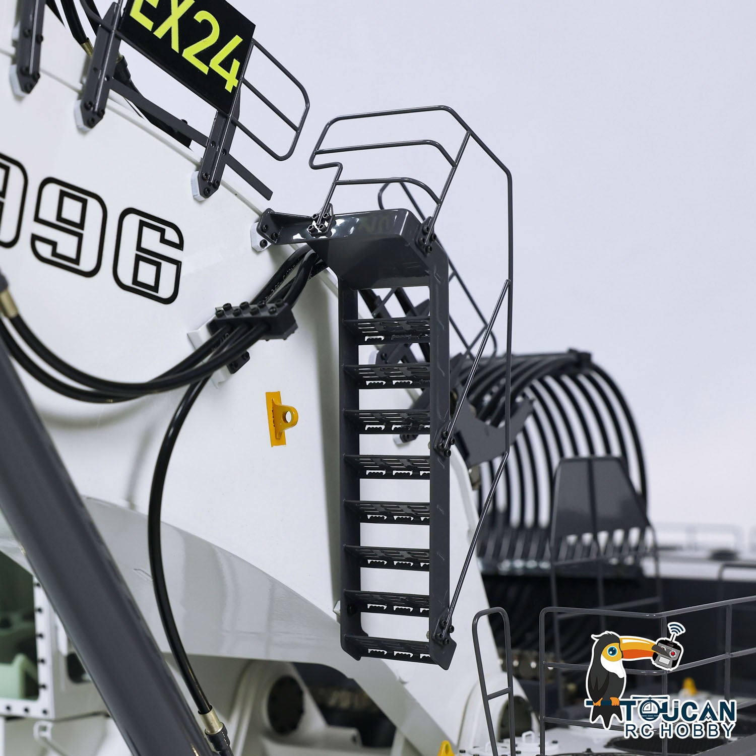SFROG 996 1/20 RC All‑Metal Excavator Boom Base & Cab Side Close‑Up, Hydraulic Hose Routing Mechanical Details