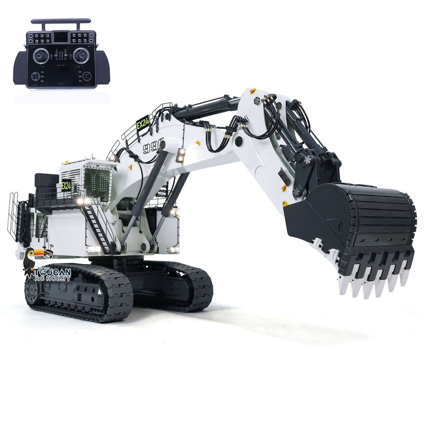 SFROG 996 1/20 RC Hydraulic Crawler Excavator White Right Front Working Pose, With Remote Controller, 4‑Pump Hydraulic Drive System