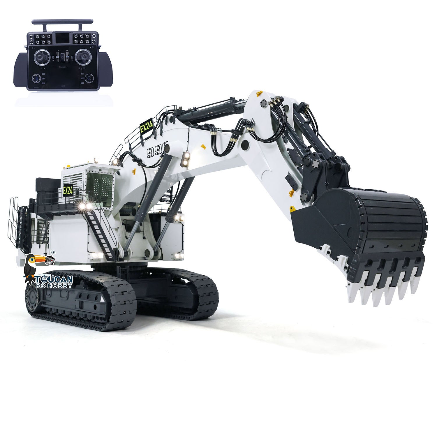 SFROG 996 1/20 RC Hydraulic Crawler Excavator White Right Front Working Pose, With Remote Controller, 4‑Pump Hydraulic Drive System
