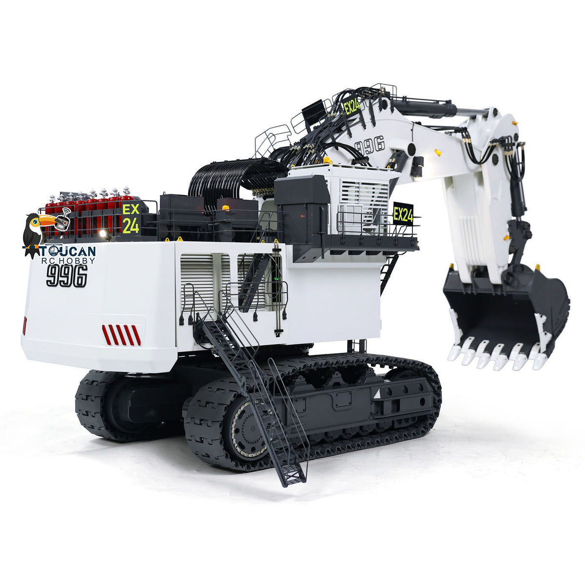 SFROG 996 1/20 RC Hydraulic Crawler Excavator White Right Rear Oblique View, Rear Access Ladder, Realistic Heavy Excavator Model