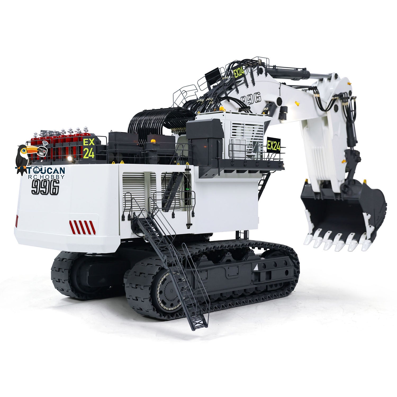 SFROG 996 1/20 RC Hydraulic Crawler Excavator White Right Rear Oblique View, Rear Access Ladder, Realistic Heavy Excavator Model