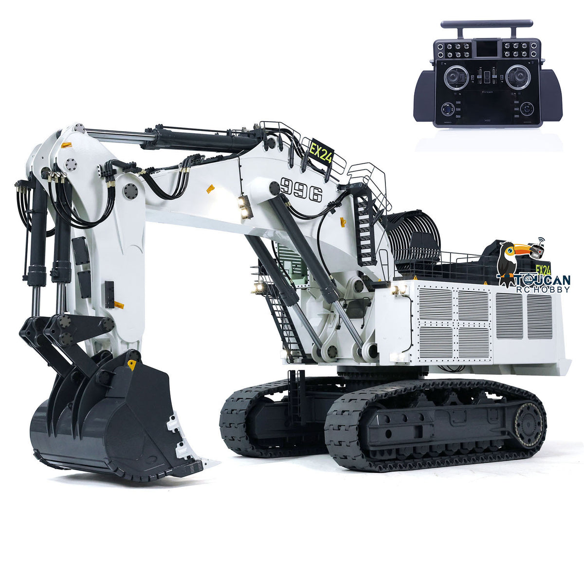 SFROG 996 1/20 RC All‑Metal Hydraulic Excavator White Front Oblique View, With Frsky Taranis XE Remote Controller, Full Metal Track Chassis