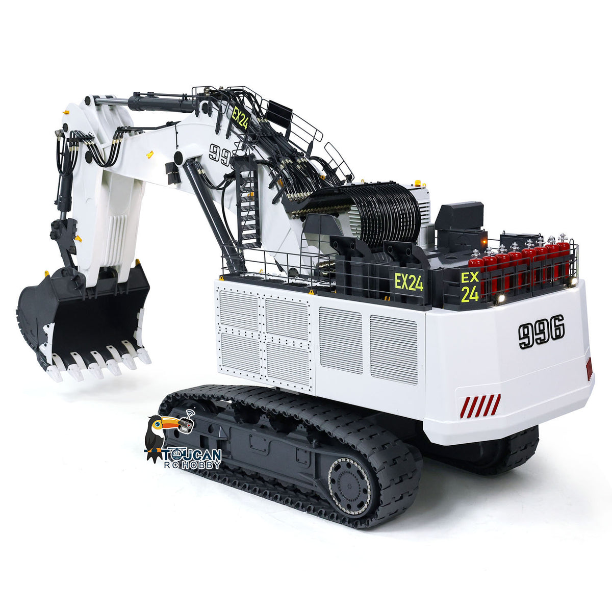 SFROG 996 1/20 RC All‑Metal Excavator White Left Rear Oblique View, Rear Counterweight, Full Metal Track Undercarriage
