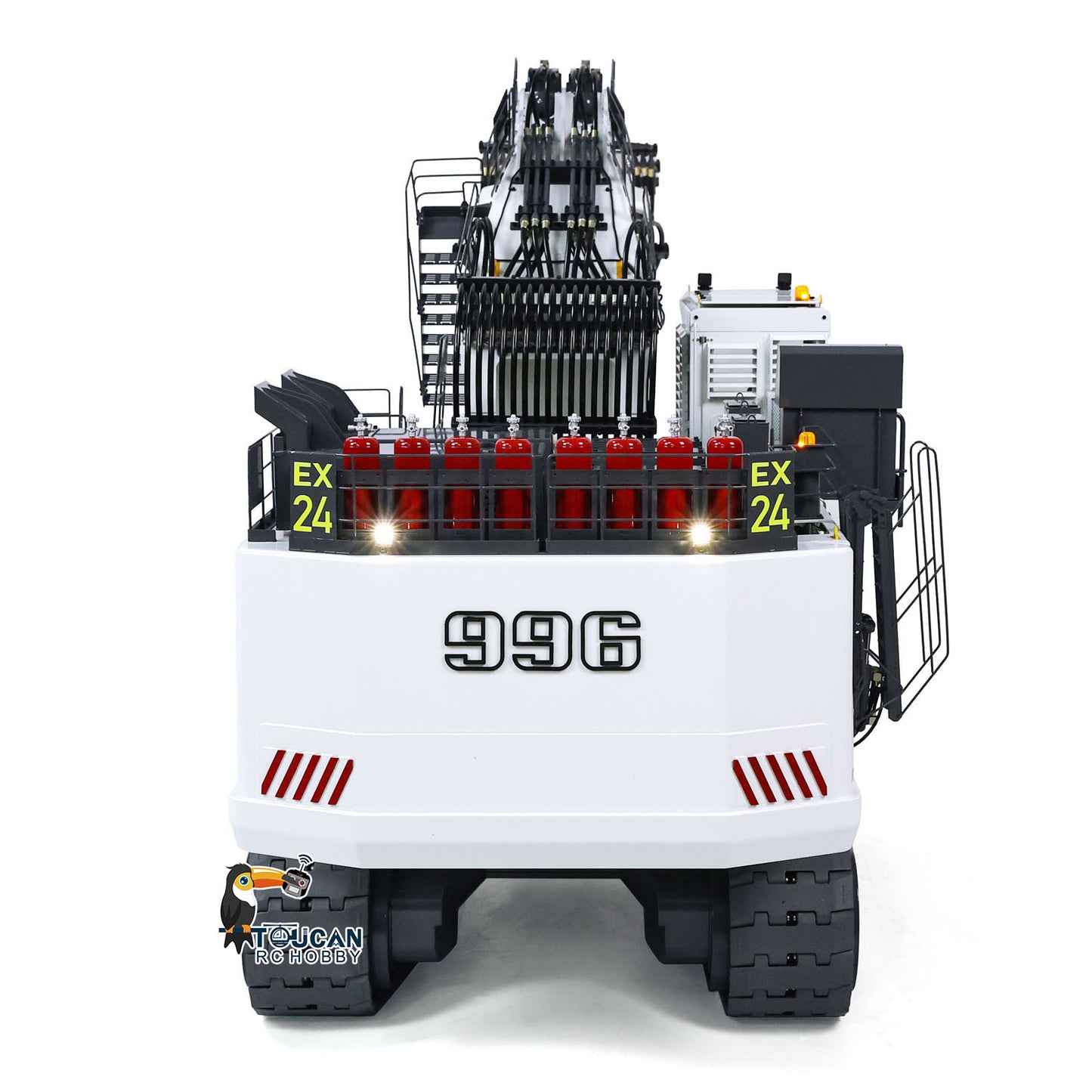 SFROG 996 1/20 RC All‑Metal Hydraulic Excavator Straight Rear View, Rear Counterweight With Taillight, 996 Model Marking