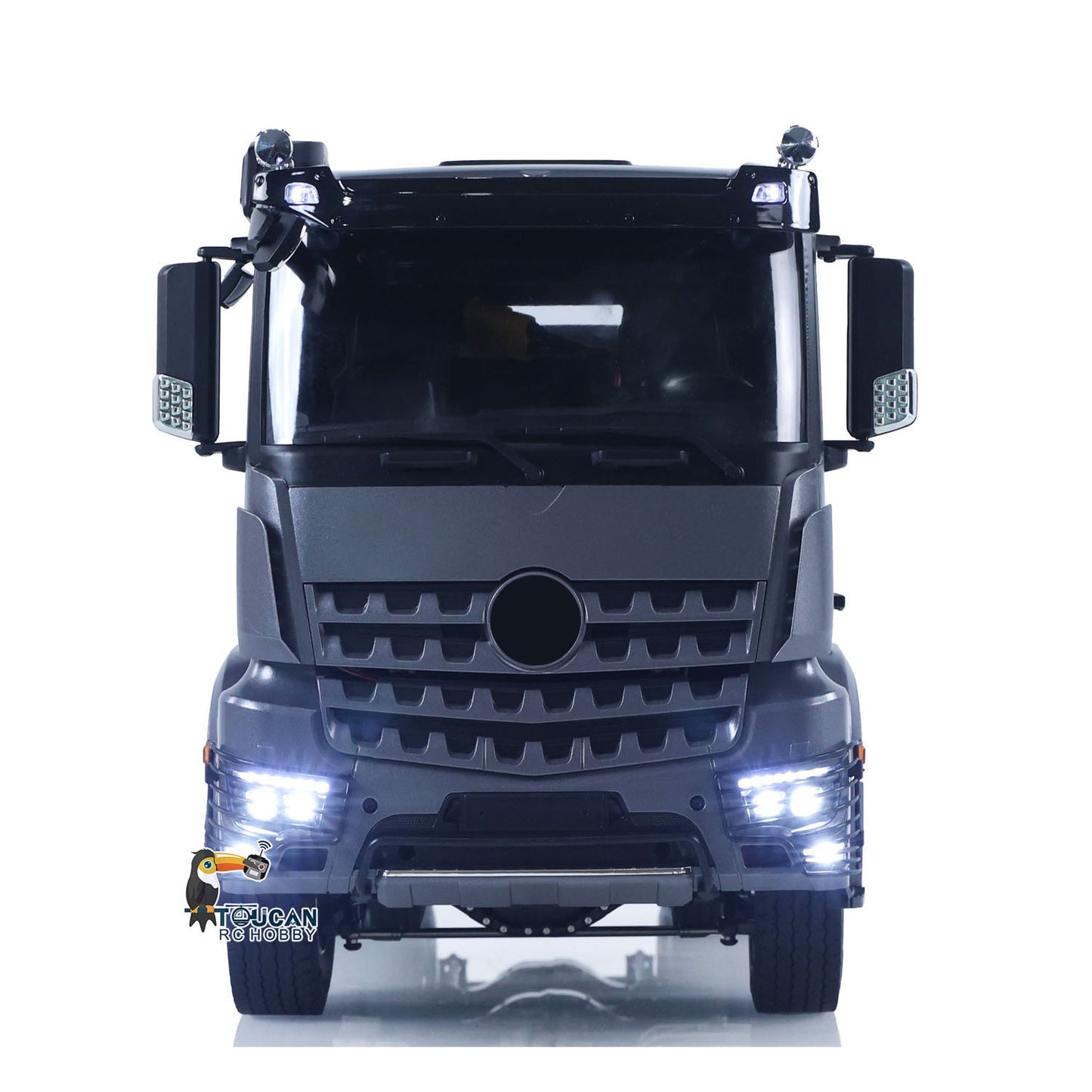 TH-X 1/14 6x6 RC Dump Truck Front View with Integrated LED Lighting System