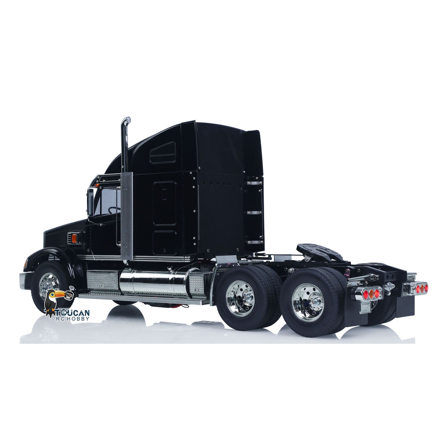 TOUCAN 1/14 RC Black Knight 56314 6X4 Tractor Truck, Left Rear Quarter Profile, Gloss Black Painted Cab, Realistic RC Haulage Truck Chassis