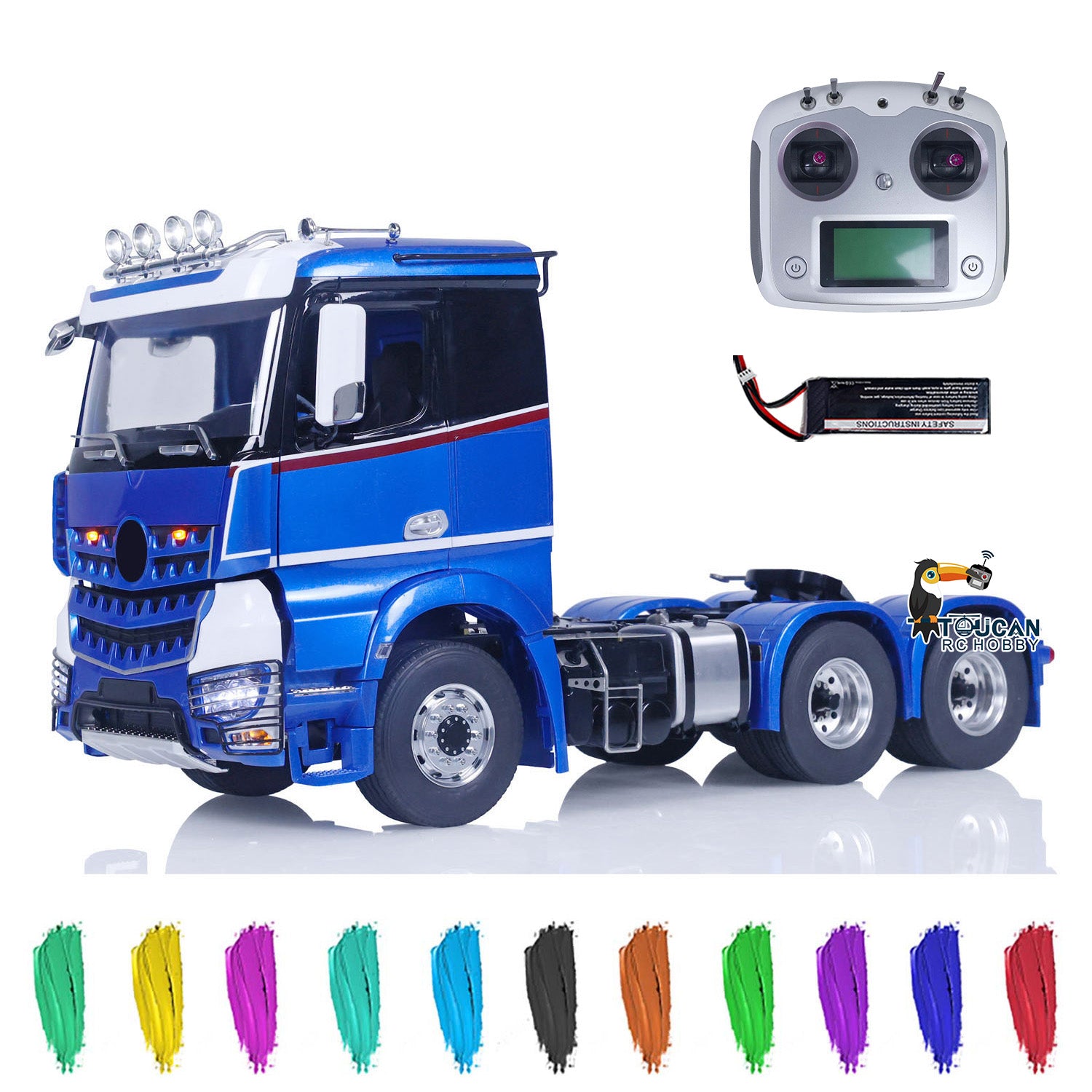 TOUCAN 1/14 6x6 metal RC tractor truck front left view with remote controller and battery