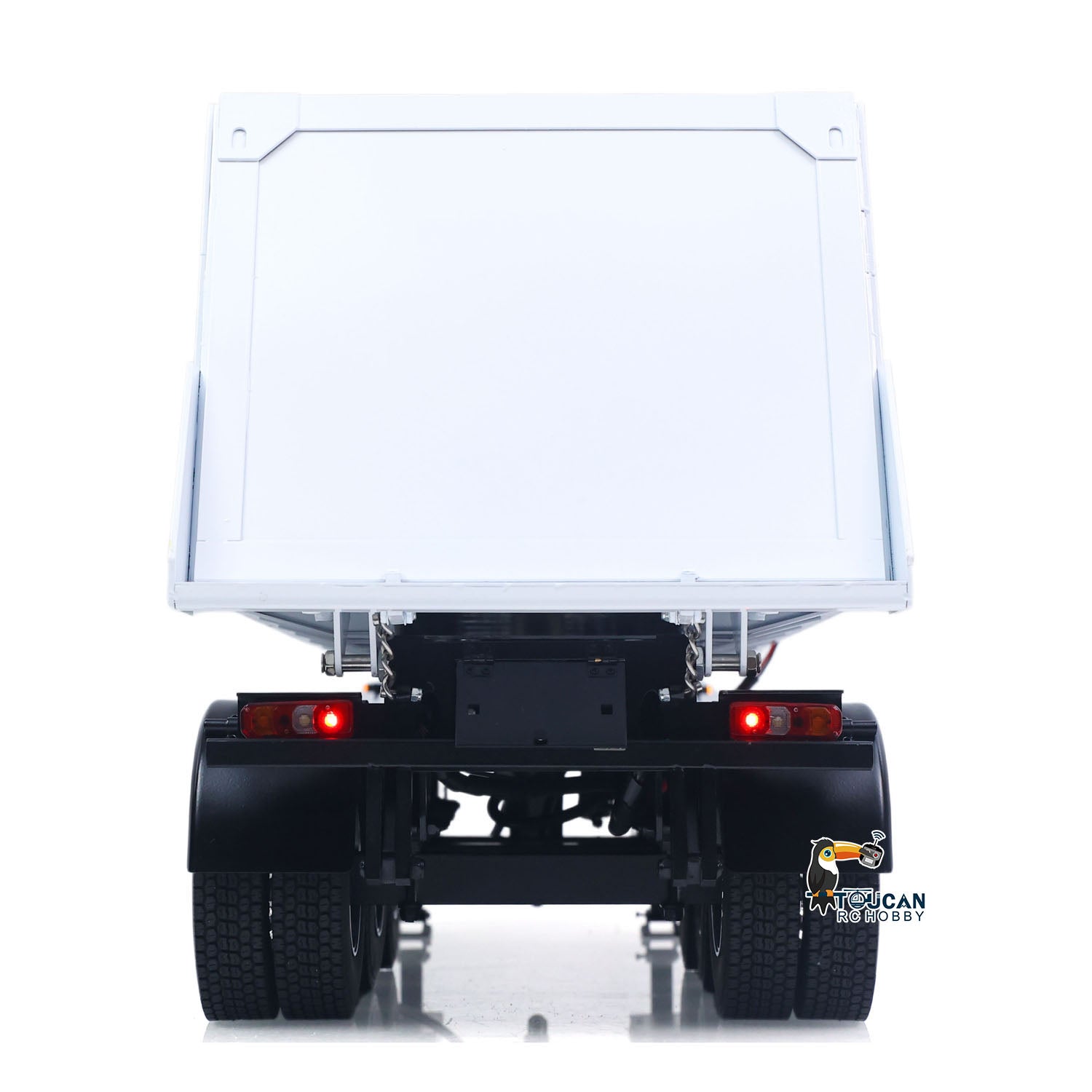 TOUCAN 1/14 RC NW‑3 Metal Dump Semi‑Trailer Straight Rear View, Taillight Assemblies, Rear Gate And Tri‑Axle Wheel Set, White Yellow Stripe RC Trailer