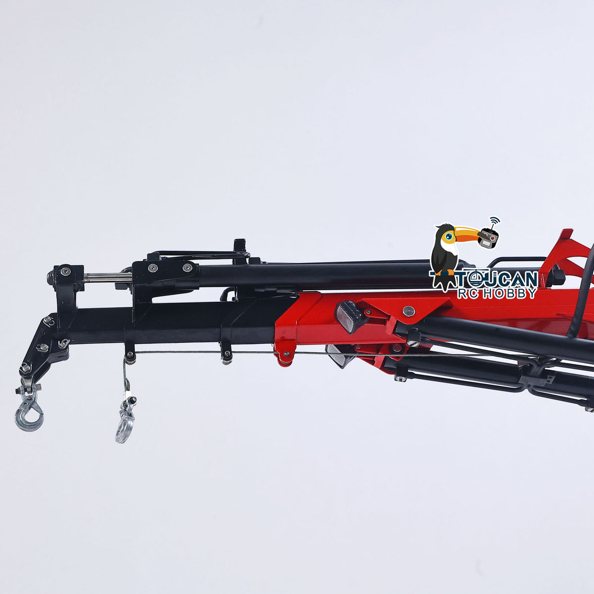 TOUCAN 1/14 RC 6x6 Truck Mounted Crane Fly Jib End Hook Hoist Assembly Close‑up, Lifting Accessory Detail Of RC Heavy Haul Truck