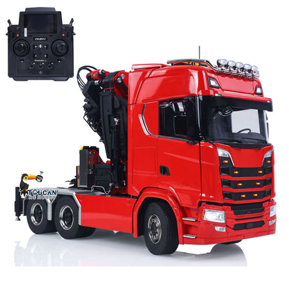 TOUCAN 1/14 RC 6x6 Red Tractor Truck Road Version Static View, Folded Crane Fly Jib, Rear Axle Lift, Lock Differential Hub Reduction Axle, 3‑Speed Gearbox RC Model